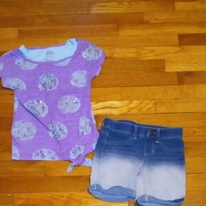 Girls Purple Sequin Circle Tie-Hem Top & Ombre Denim Shorts Set, size 7